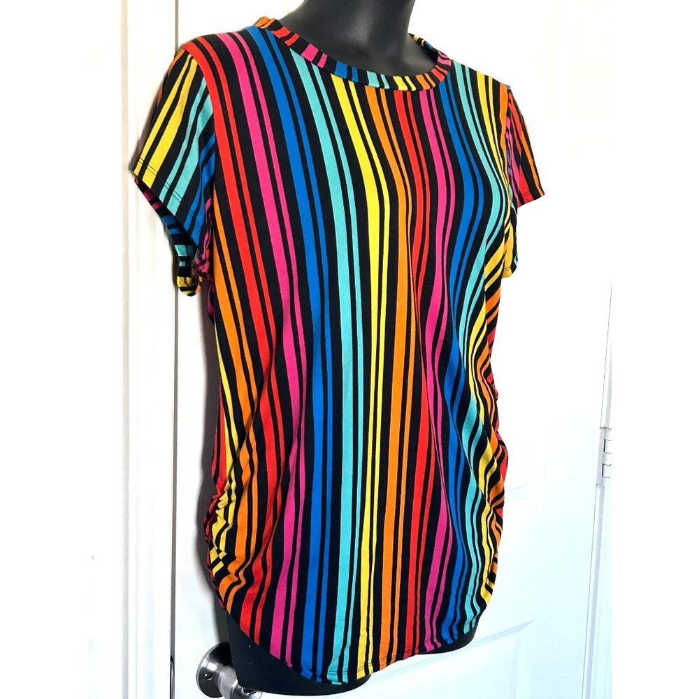 Rainbow Stripe Short Sleeve Womens Polyester  Spandex Casual - Picture 2 of 6
